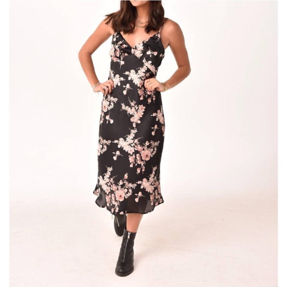 GILLI floral midi dress in black and blush Size Large Satin Silky